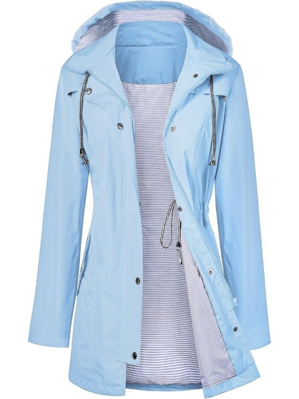 Women Sky Blue Hooded Waterproof Adjustable Drawstring Windbreaker Trench Coat
